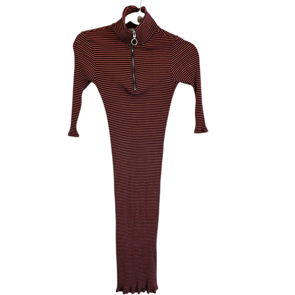 Just Female Dress XS Red Striped Ribbed Zip Mock Neck Midi Stretchy‎ 3/4 Sleeves